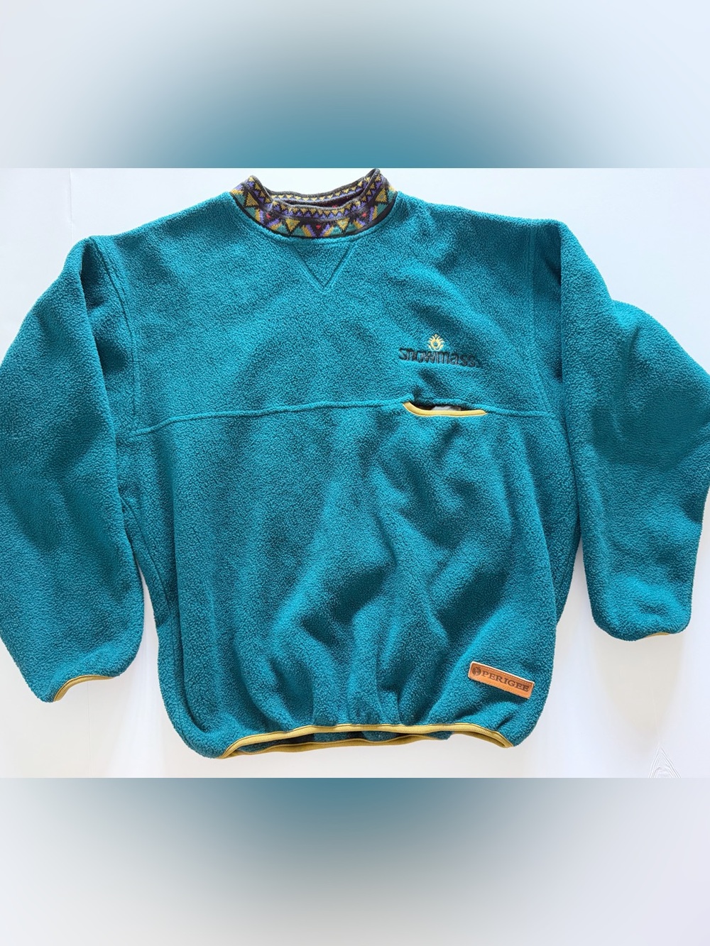 VTG 90s Perigee Snowmass Fleece Pullover Teal Aztec Trim size small